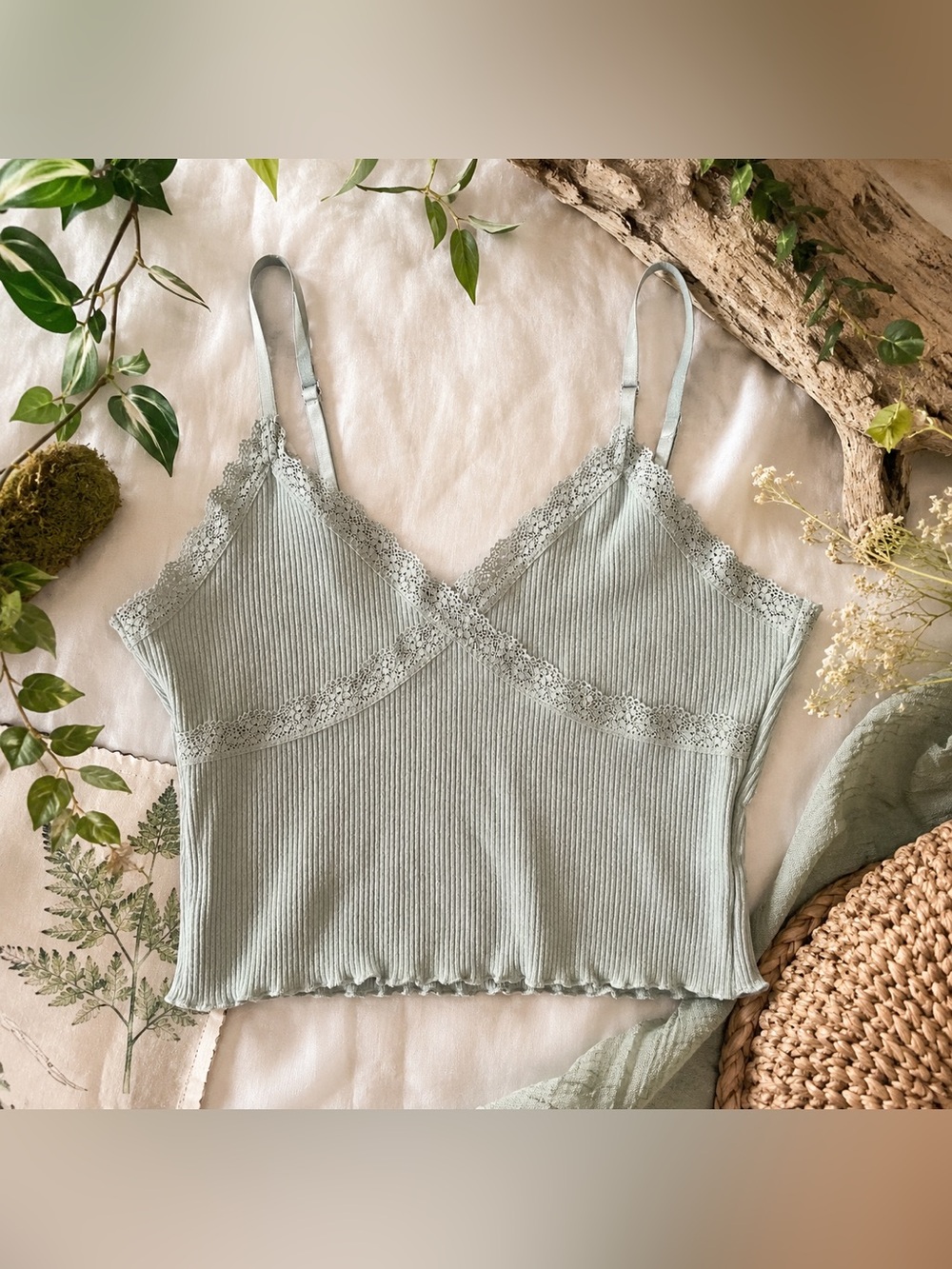 H&M Divided Sage Green Ribbed Lace Trim Cami Tank Top Size Medium
